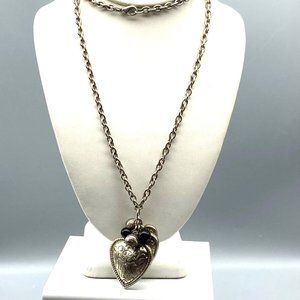 Vintage Puffy Hearts Pendant Necklace, Engraved Charms and Beads on Silver Tone